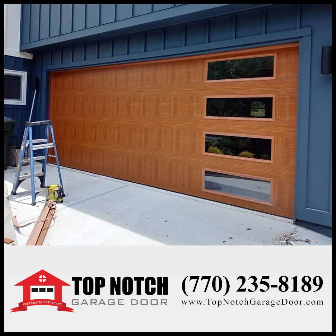 mosaic glass wood toned double car garage door